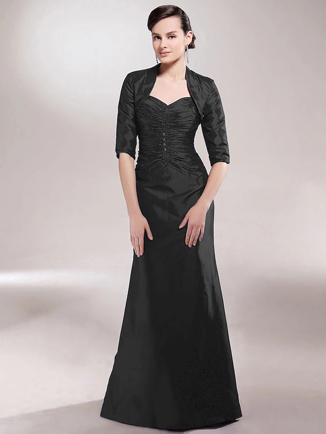 A-Linien-Kleid für die Brautmutter, Übergröße, elegant, sexy, Herzausschnitt, Spaghettiträger, bodenlang, ärmellos, Taft, mit gerüschter Perlenstickerei, seitliche Drapierung